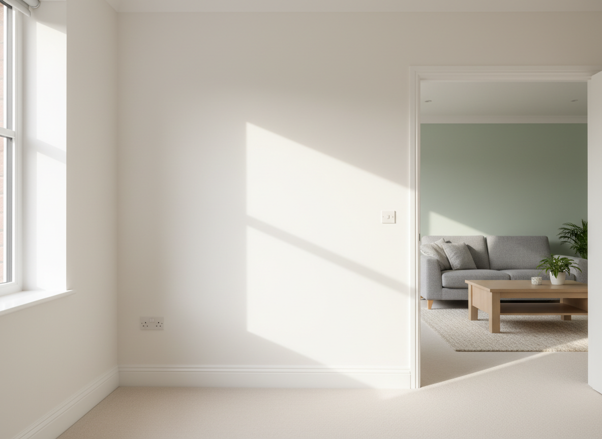 A bright, newly painted living room interior in a modern UK home, featuring perfectly smooth, matte off‑white walls and a single soft sage green accent wall. Skirting boards, door frames, and window trim are flawlessly finished in satin white, with no paint drips or imperfections. Neutral furniture and a simple rug sit in the background, slightly out of focus to keep attention on the immaculate wall surfaces. Natural afternoon light streams through a large window, creating gentle highlights and soft shadows that reveal the even coverage. Photographic realism from a slightly wide, eye-level angle, with a calm, inviting atmosphere that communicates professional residential interior painting services.