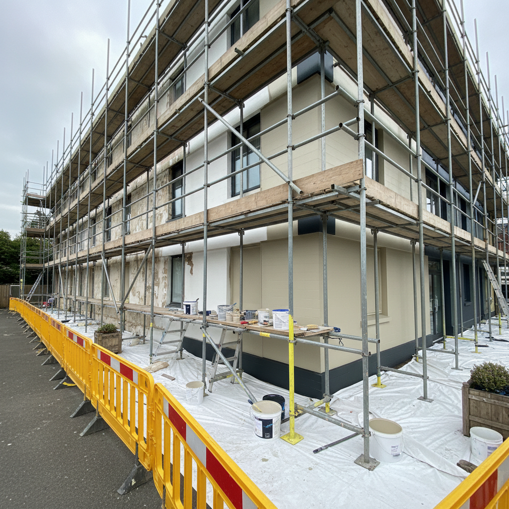A wide, photographic realism shot of scaffolding erected against a mid-sized UK commercial building in Hayes, its exterior midway through a repaint. Half the façade shows old, dull paint, while the completed sections display a uniform, modern light stone colour with darker trim. Buckets of paint, rollers, and extension poles rest neatly on the scaffold platforms, with safety barriers and tidy drop cloths covering the ground below. Late afternoon overcast light evenly illuminates the scene, minimizing harsh shadows and highlighting the uniformity of the new coating. The composition is balanced and slightly angled, suggesting depth. The mood is professional and organized, ideal for showcasing large-scale exterior commercial painting work.