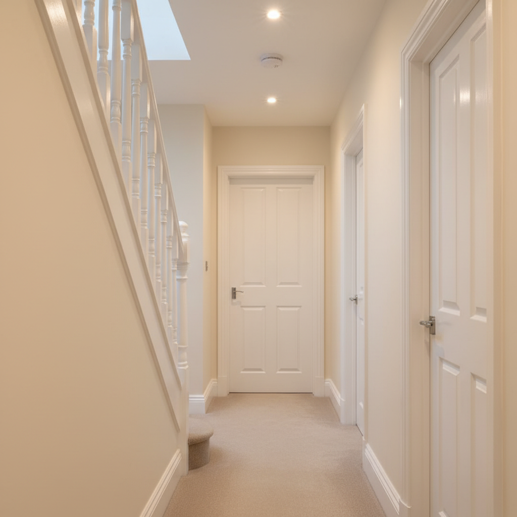 A pristine, newly finished hallway in a UK residential property, emphasising detailed interior trim and door painting. The walls are soft warm white, while the doors, frames, skirting, and stair balustrade are coated in a flawless, satin white finish with subtle sheen catching the light. The camera sits at one end of the corridor, capturing a receding perspective of multiple doors and a staircase, with sharp focus that highlights straight cut-in lines and smooth surfaces. Overhead ceiling lights provide warm, even illumination, producing gentle reflections on the painted woodwork. Photographic realism with a calm, orderly mood, perfect for showcasing precision interior painting and finishing work.
