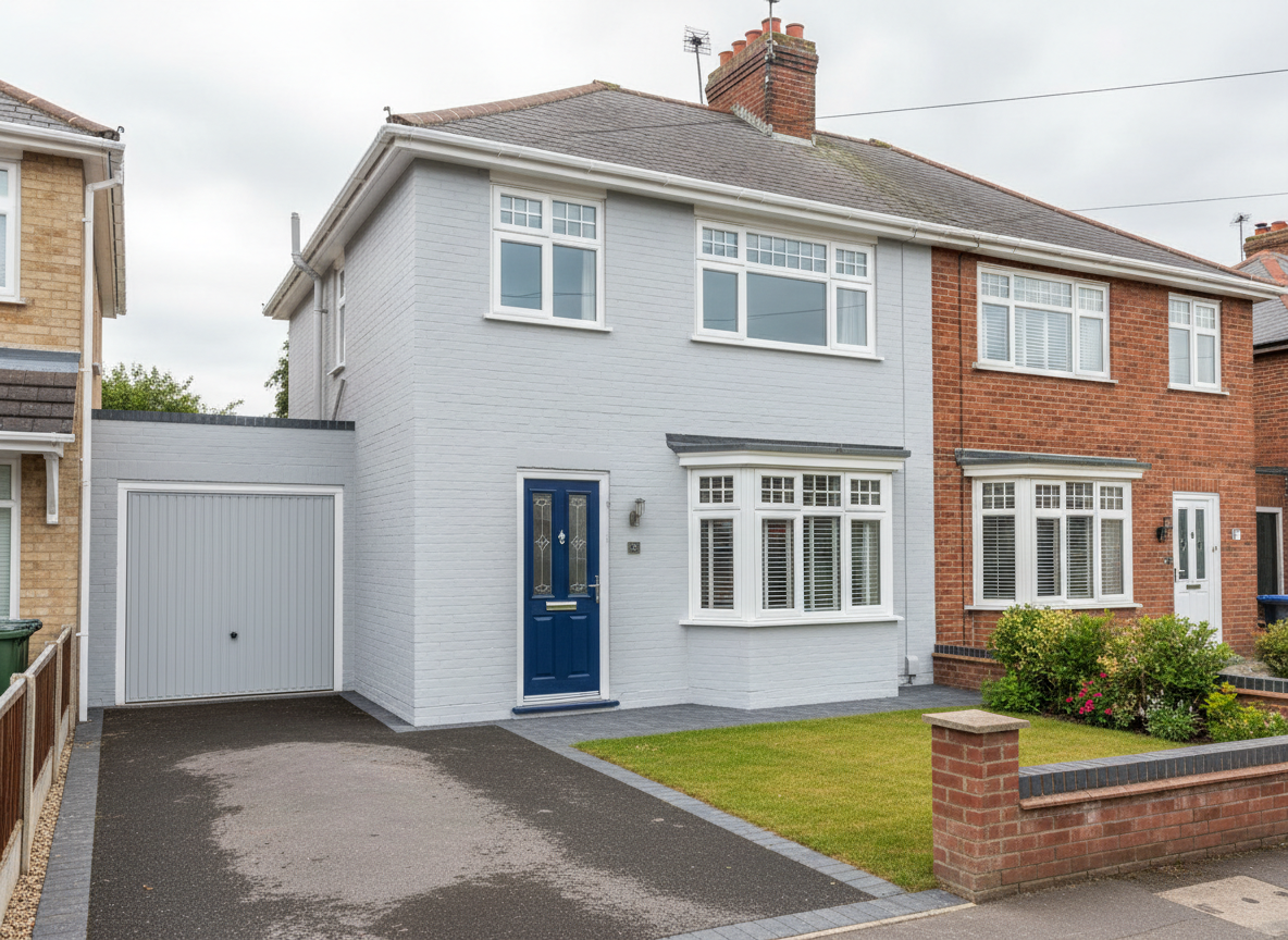 A freshly painted, semi-detached UK brick house in Hayes, showcasing a crisp, modern exterior repaint. The front façade displays smooth, even coats of light grey masonry paint with sharp white trim around windows and doors, and a rich navy front door. The paved driveway and a neat front garden frame the building. Photographic realism at eye level, with soft overcast daylight typical of the UK gently illuminating the textures of brick and paint, creating subtle shadows around architectural details. The mood is professional and reassuring, emphasizing quality workmanship and attention to detail, with sharp focus throughout and a clean, contemporary aesthetic suitable for a painting contractor’s homepage.
