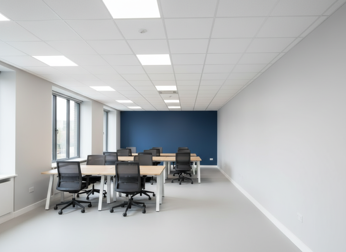 A contemporary open‑plan UK office space with freshly painted commercial interiors, featuring clean, light grey walls, a bold corporate blue feature wall, and immaculate white ceilings with recessed lighting. Sleek desks and office chairs are present but secondary, allowing the smooth, flawless paint finish to be the hero. Large windows admit diffused daylight that mingles with cool overhead lighting, creating a bright, efficient environment. Shot in photographic realism from a slightly elevated, wide-angle perspective, with sharp focus and balanced composition. The mood is professional and trustworthy, emphasizing that this is a high-standard commercial painting project completed by an experienced contractor.