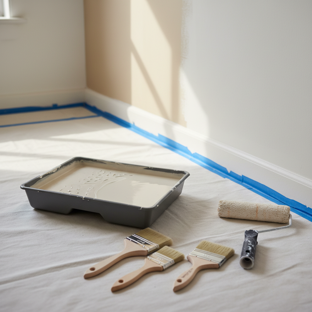 A close-up, photographic realism shot of a professional painting setup in an empty UK room just before a repaint. A clean metal roller tray filled with smooth, light neutral paint sits on a dust sheet, alongside a high‑quality roller with an even, unblemished nap and several neatly arranged angled brushes. Freshly masked skirting boards with crisp painter’s tape lines run along a wall showing a partially painted section, transitioning from old beige to new soft white. Natural window light creates subtle highlights on the metal tray and gentle shadows on the floor, with a shallow depth of field. The mood is meticulous and reassuring, emphasizing preparation and professional standards.