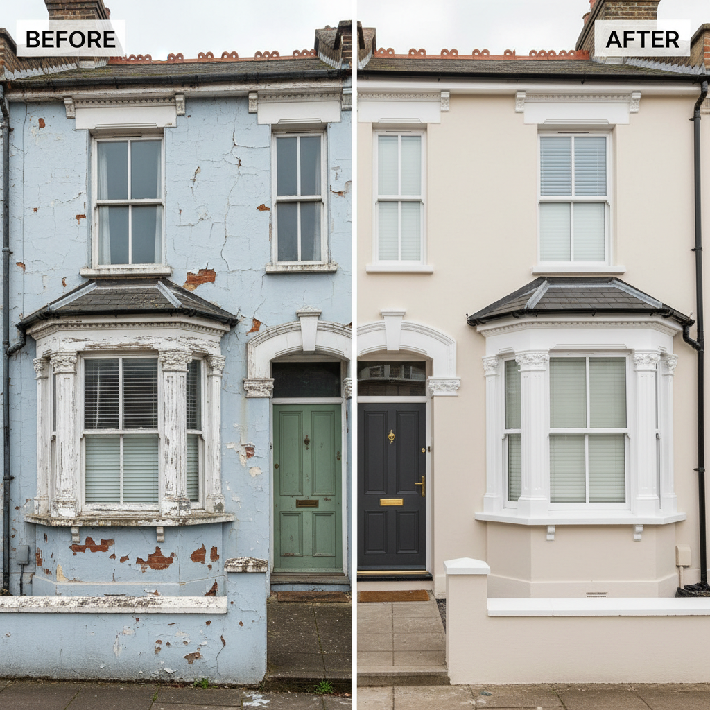 A split-screen before-and-after photographic composition of a UK terraced house façade. On the left, the ‘before’ side shows weathered, faded, slightly peeling exterior paint on brick and timber trim; on the right, the ‘after’ side reveals the same house newly painted in elegant cream walls with crisp white trim and a deep charcoal door. The dividing line is perfectly vertical, emphasizing the transformation. Soft, natural daylight highlights the improved texture and coverage on the refreshed side. Photographic realism, eye-level composition with symmetrical framing. The atmosphere is dynamic and satisfying, clearly communicating the dramatic impact of professional exterior painting services.
